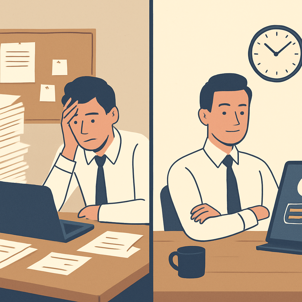 A split-screen or before-and-after visual. Left side: a cluttered, traditional office desk with manual processes depicted (piles of paper, stressed employee). Right side: the same desk, now clean and organized, with a streamlined workflow facilitated by an AI agent (represented by a sleek interface on a tablet or monitor), and the employee looking confident and productive.
