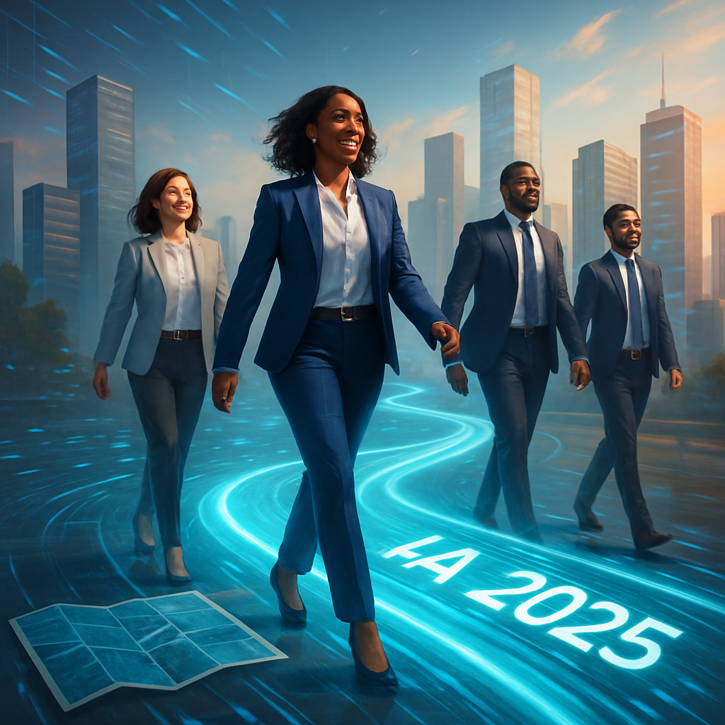 A dynamic and optimistic scene depicting diverse business professionals confidently following a luminous, digital pathway labeled 'IA 2025' that winds through a modern cityscape. The pathway originates from a symbolic 'map' or 'guide' (referencing 'O Mapa Definitivo').