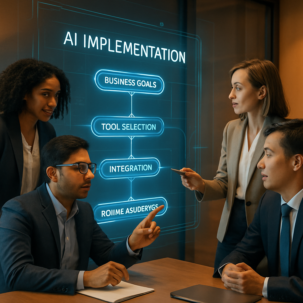A team of diverse business professionals in a modern meeting room, collaboratively interacting with a large holographic display or interactive whiteboard. The display shows a strategic roadmap or decision tree for 'IA Implementation', with nodes representing 'Business Goals', 'Tool Selection', 'Integration', and 'ROI Measurement'.