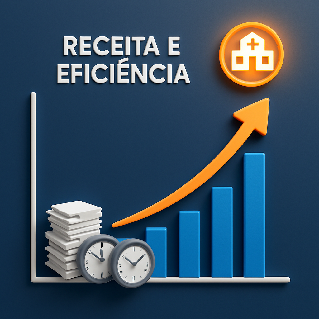 Gráfico 3D ilustrando o Retorno sobre o Investimento (ROI) da IA numa clínica, mostrando um crescimento acentuado na receita e eficiência ao superar os custos operacionais.