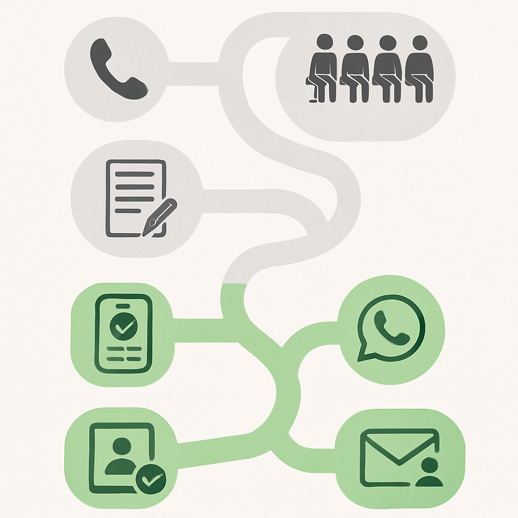 Infográfico da jornada do paciente comparando a clínica tradicional (ligações, espera, formulários) com a clínica com IA (agendamento online, lembretes por WhatsApp, check-in digital).