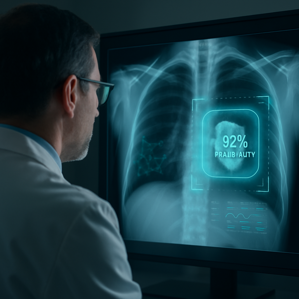 Médico a utilizar um software de diagnóstico assistido por IA que analisa uma imagem de raio-x, destacando uma área de interesse com dados de probabilidade.