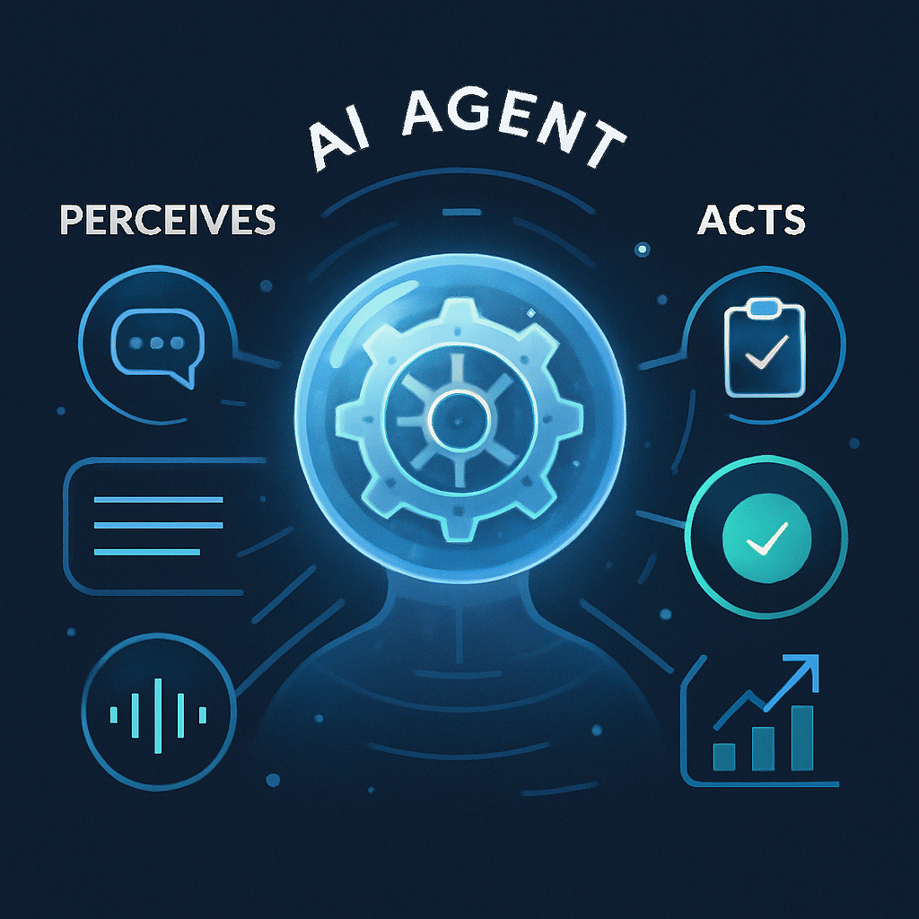 Conceptual illustration of an 'AI Agent'. A central, glowing orb or a sophisticated, translucent gear mechanism represents the agent. It's shown actively perceiving its environment (stylized icons for data streams, text, voice inputs on one side) and then autonomously taking intelligent action (icons representing tasks completed, decisions made, business insights generated on the other side).