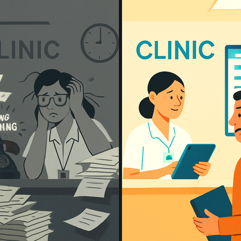 Comparativo visual da transformação digital numa clínica. O lado esquerdo mostra uma receção caótica e analógica, enquanto o direito mostra uma receção moderna, organizada e digital, otimizada por IA.