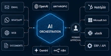 An AI orchestration layer taking in email, WhatsApp, web and documents, and writing back to HubSpot, Microsoft 365, Slack and ERP APIs behind a human approval step.
